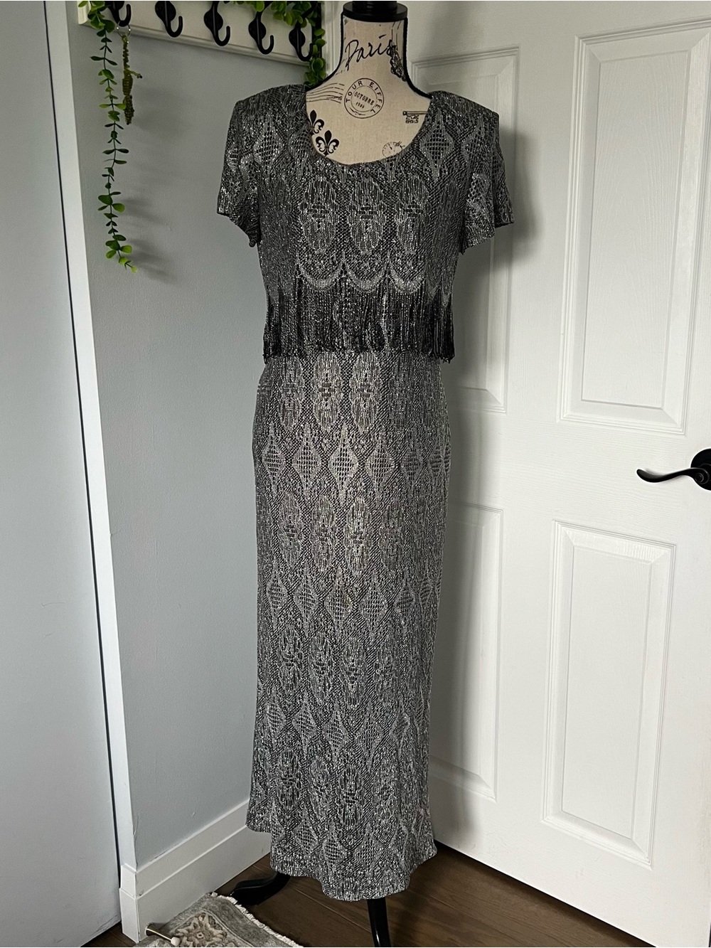 Silver Lace-Textured Maxi Dress with Scoop Neck